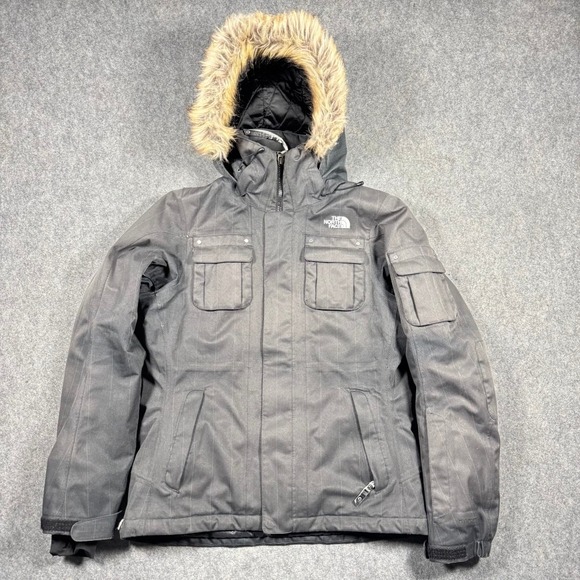 The North Face Jackets & Blazers - The North Face HyVent Parka Womens Small Grey Pinstripe Faux Fur Hood Insulated